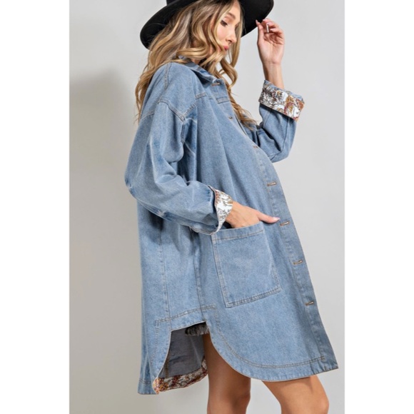 SOLD OUT Denim Blue Mineral Washed Oversized Long Jacket w/ Paisley Cuff Detail - Picture 7 of 11